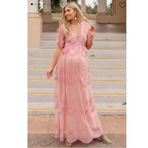 Pink Lace Mesh Overlay Maternity Maxi Dress - Sml